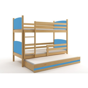 Patrová postel BRENEN 3 + matrace + rošt ZDARMA, 80x190, borovice, blankytná