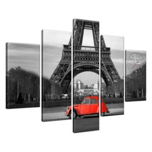 Obraz s hodinami Červené auto pod Eiffelovou věží 150x105cm ZP1116A_5H