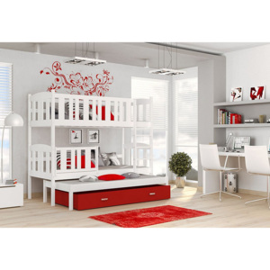 Dětská patrová postel s přistýlkou KUBA 3 color + matrace + rošt ZDARMA, 190x80, bílá/červená
