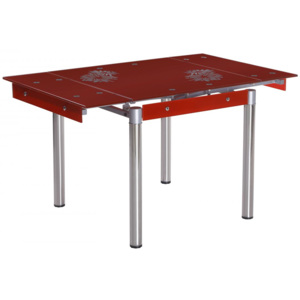 Krásný skleněný červený jídelní stůl s chromovými nohami F1002