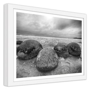 CARO Obraz v rámu - Boulder On The Beach 40x30 cm Bílá