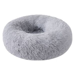 Světle šedý fluffy pelíšek - 60x60x24 cm (Oválný pelíšek z příjemného hřejivého plyše, který je hebký na dotek. Pelíšek je ve světle šedé barvě.)