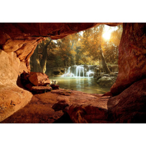Fototapeta, Tapeta Lake Forest Waterfall Cave, (104 x 70.5 cm)