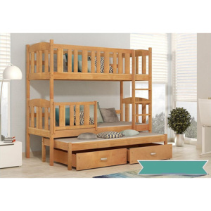 Dětská patrová postel s přistýlkou KUBA 3 + matrace + rošt ZDARMA, masiv, 190x80, olše