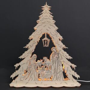 AMADEA Dřevěný svítící portál strom vánoční s betlémem, 30 cm