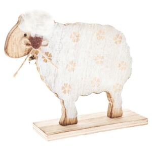 Ovečka, dřevěná dekorace 17x19 cm (Dřevěná ovečka s plyšovým kožíškem a rolničkou na krku, krásná dekorace na jaro i Velikonoce.)