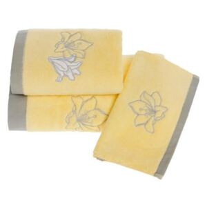 Ručník LILIUM 50 x 100 cm. Rozměry ručníku LILIUM činí 50 x 100 cm. Výšivka v podobě květu lilie je v barvě bílé a béžové. 100% česaná bavlna o gramáži 500 g/m², to je naprosto spolehlivý materiál. Žlutá