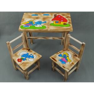 Bestent Dětský dřevěný stolek Šmoulové + 2 židle