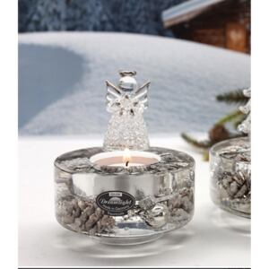 GILDE Skleněný svícen na čajovou svíčku s andělem mini Winter Story 4,5x8 cm