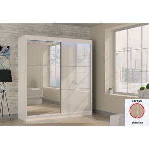 Skříň s posuvnými dveřmi VIVIANA, sonoma/bílé sklo + zrcadlo, 200x216x61