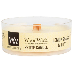 WoodWick - vonná svíčka Petite, Citronová tráva a lilie 31g (Lemongrass & Lily. Zelené květinové tóny se spojují s jemnou vůní sladkého citrónu a grep