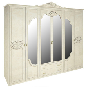 Šestidveřová šatní skříň PAPAYA se zrcadlem a šuplíky, 279x232x59,5, radica béžová