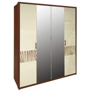 Čtyřdveřová šatní skříň BORRA se zrcadlem, 183x212,5x55, vanilka lesk/třešeň