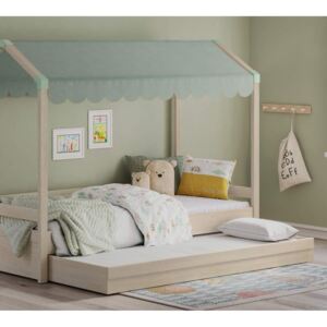 Domečková postel se stříškou a úložným prostorem Fairy II - dub světlý/zelená