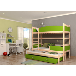 Dětská patrová postel SWING3 + rošt + matrace ZDARMA, 190x90, borovice/zelený