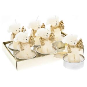 Čajová svíčka s medvědem, bílozlaté se stromkem, set 6 ks