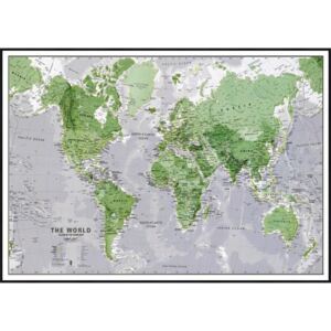 Nástěnná mapa světa svítící ve tmě zelená 85 x 60 cm - hliníkový rám - černý