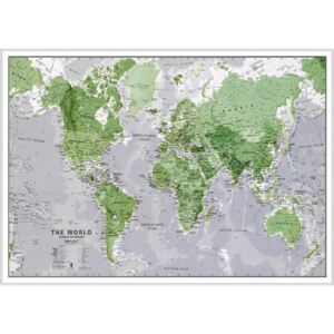 Nástěnná mapa světa svítící ve tmě zelená 85 x 60 cm - hliníkový rám - stříbrný