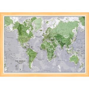 Nástěnná mapa světa svítící ve tmě zelená 85 x 60 cm - dřevěný rám - světlý