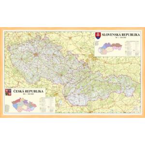 Silniční nástěnná mapa ČR a SR PF500 158 x 97 cm - dřevěný rám - světlý