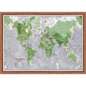 Nástěnná mapa světa svítící ve tmě zelená 85 x 60 cm - dřevěný rám - tmavě hnědý