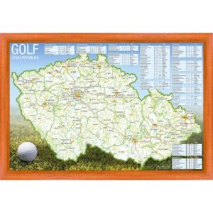 Stírací mapa golfových hřišť ČR 60 x 40 cm - dřevěný rám - středně hnědý