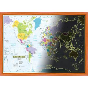 Dětská nástěnná mapa světa svítící ve tmě 85 x 60 cm - dřevěný rám - středně hnědý