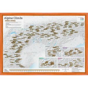 Stírací mapa vrcholků Alp 84 x 60 cm - dřevěný rám - středně hnědý