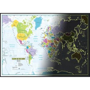 Dětská nástěnná mapa světa svítící ve tmě 85 x 60 cm - hliníkový rám - černý