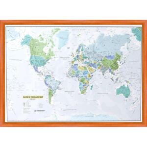 Nástěnná mapa světa svítící ve tmě 85 x 60 cm - dřevěný rám - středně hnědý