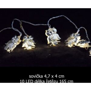 Řetěz na baterie 10 LED stříbrné sovy 4,7x4 cm 165 cm přívod 30 cm, rozestup 15 cm