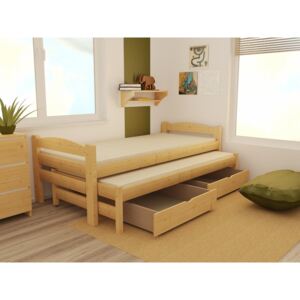 SKLADEM: Dětská postel s výsuvnou přistýlkou z MASIVU 200x90cm SE ŠUPLÍKY - DPV010 - bezbarvý lak