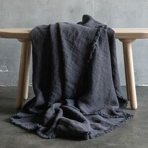 LinenMe Grey Linen Throw with Fringes Washed Waffle