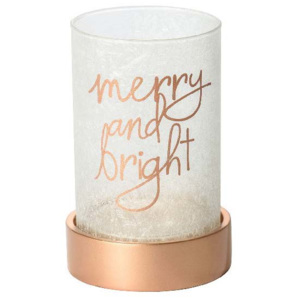 Yankee Candle - svícen na svíčku Magical Christmas (Svícen v moderním designu se zimní texturou skla a zlatým podstavcem. Nápis "merry and bright" (šť