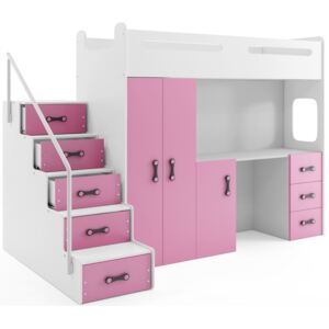 Patrová postel MAX 4 včetně psacího stolu, skříně a matrace (různé barvy), Růžová