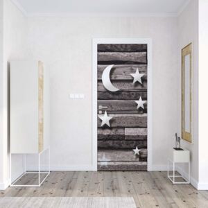 GLIX Fototapeta na dveře - 3D Stars And Moon Wood Plank Texture Grey | 91x211 cm