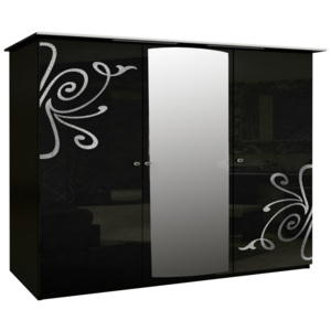 Třídveřová šatní skříň GLOE se zrcadlem, 139x212,5x63, černá lesk