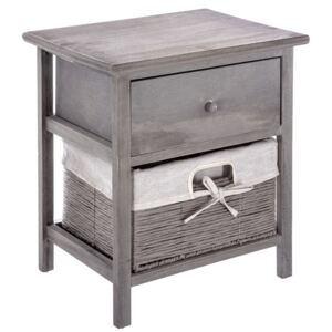 Šedý noční stolek ze dřeva paulovnie, stylová skříňka s praktickým šuplíkem a výsuvným košem