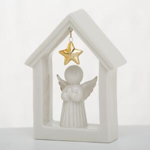 BOLTZE Porcelánový anděl v domečku s hvězdou bílý, 15x11x4,5 cm Typ: S křídly nahoře