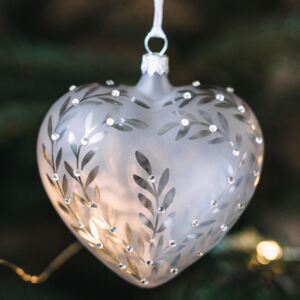 Skleněná vánoční ozdoba Leaves Matt grey - srdce