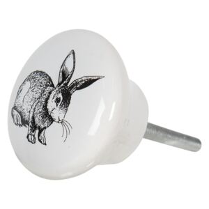 Bílá keramická úchytka na nábytek s motivem králíka – Ø 4*2 cm
