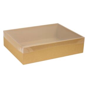 Dárková krabice s průhledným víkem 400x300x100/40 mm, hnědá - kraftová