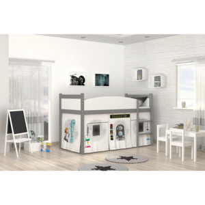 Dětská stanová postel SWING + matrace + rošt ZDARMA, 184x80, šedá/vzor LABORATORY/bílá