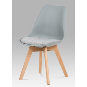 Jídelní židle, šedý plast, šedá tkanina, masiv natural