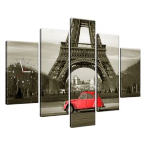 Obraz s hodinami Červené auto před Eiffelovou věží v Paříži 150x105cm ZP3533A_5H