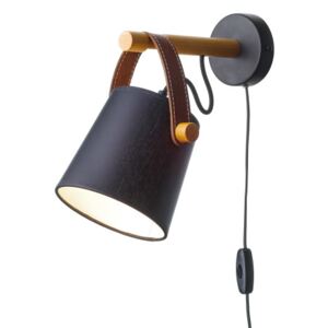 Light for home - Nástěnné svítidlo s kabelem a vypínačem a zástrčkou. 7002 "RIONI", 1x40W, E27, černá, přírodní olše, hnědá kůže