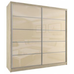 Šatní skříň s béžovými posuvnými skleněnými dveřmi šířka 200 cm dub sonoma korpus - Bez dojezdu