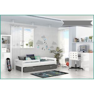 Dětská postel HUGO s barevnou zásuvkou+matrace, 80x160, bílý/šedý