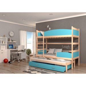 Dětská patrová postel SWING3 + rošt + matrace ZDARMA, 190x90, borovice/modrý