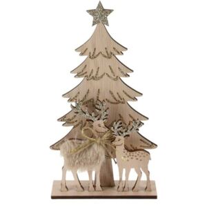 Vánoční dřevěná dekorace Jeleni a stromeček hnědá, 12,5 x 3,5 x 23 cm